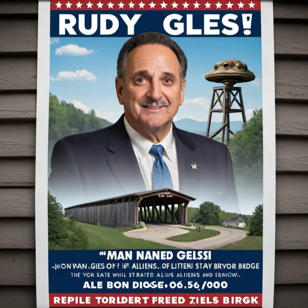 Prompt: A political poster ad for a man named "Rudy Gelsi" who wants to be mayor of a town known for aliens, statues and a covered bridge.