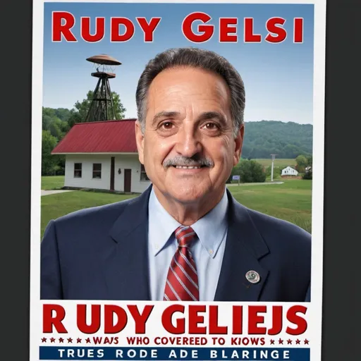 Prompt: A political poster ad for a man named "Rudy Gelsi" who wants to be mayor of a town known for aliens, statues and a covered bridge.
