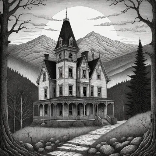 Prompt: Edward Gorey style illustration of the White Mountains, intricate crosshatching, detailed Victorian architecture, eerie and mysterious atmosphere, overcast sky, vintage New Hampshire setting, gothic vibe, black and white, pen and ink, detailed linework, macabre storytelling, classic artistic medium, highly detailed, highres, vintage, eerie atmosphere, intricate details, atmospheric shading