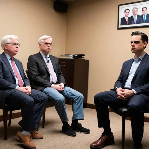 Prompt: Dennis Prager, Ben Shapiro and Jordan Peterson sit quietly in a room. No one is wearing pants.