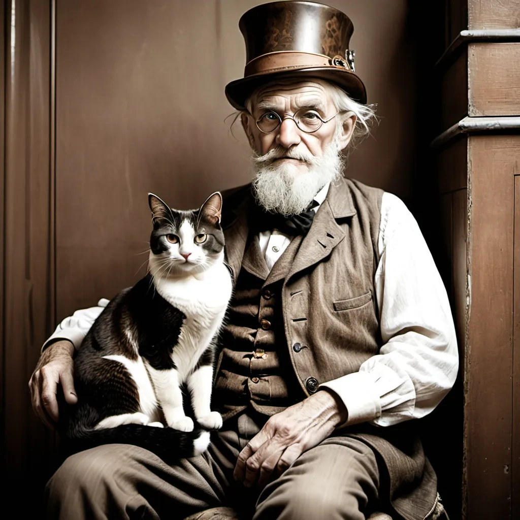 Prompt: Old man sitting with cat. Photograph. Slightly steampunk