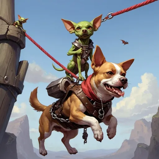 Prompt: dnd. dog on a rope. there is a goblin nearby
