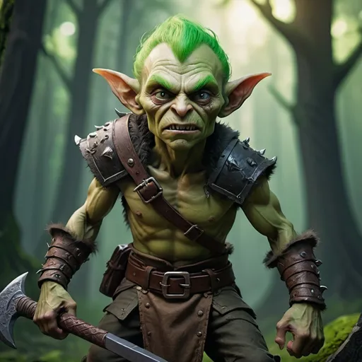 Prompt: (dnd young goblin), fierce expression, (exposed chest) showing determination, rugged texture on (moist pants), wielding a (battle axe) with intricate designs, dynamic pose, vivid green skin tone, impressive detail in facial features, magical forest backdrop, dramatic lighting highlighting the goblin, (4K), action-packed atmosphere, intense and adventurous vibe.