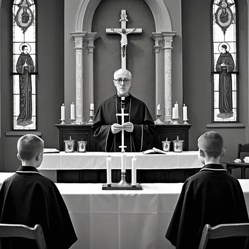 Prompt: edward gorey style catholic priest doing mass, with two young altar boys at his side