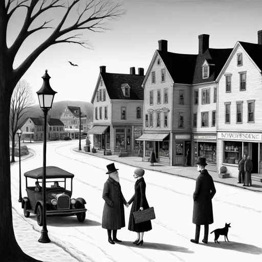 Prompt: Small town scene in style of Edward Gorey, with two townspeople meeting in the town center. In New Hampshire. Eerie setting. Black and white.