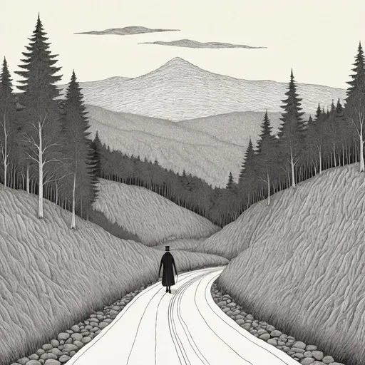 Prompt: An Edward Gorey style portrayal of New Hampshire, set in the White Mountains 