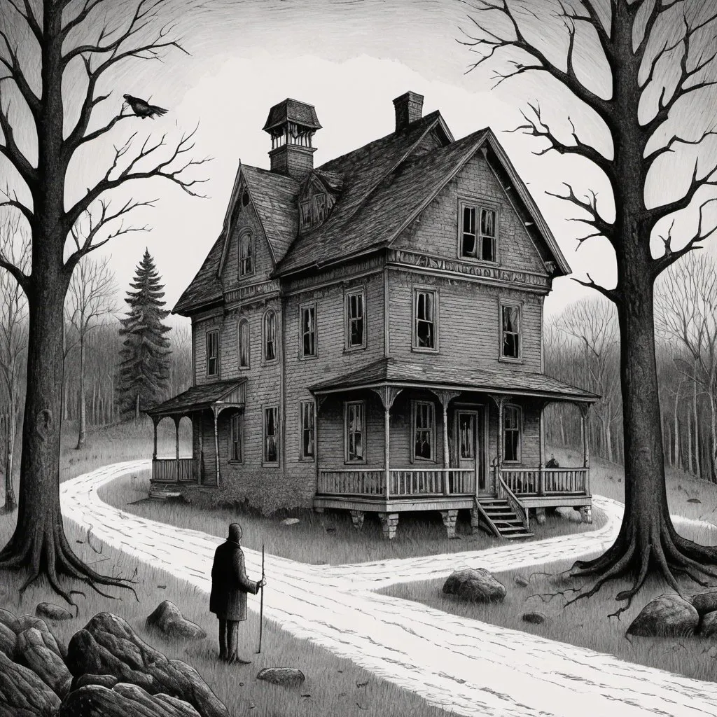 Prompt: Edward Gorey style illustration of Littleton, NH with eerie and mysterious atmosphere, overcast sky, vintage New Hampshire setting, gothic vibe, black and white, pen and ink, detailed linework, macabre storytelling, highly detailed, highres, vintage, eerie atmosphere, with person at their remote hunting cabin 