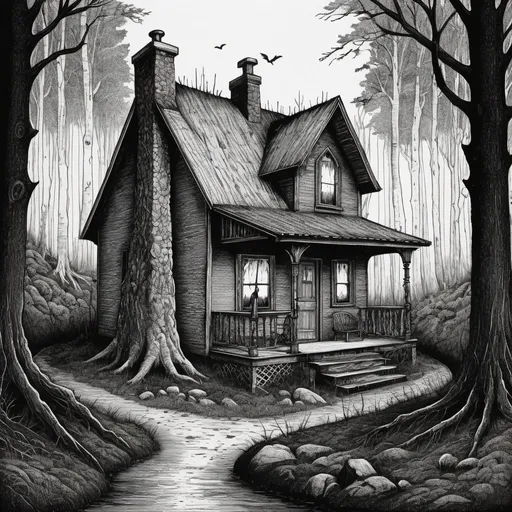 Prompt: Edward Gorey style illustration of small forest hunting cabin with eerie and mysterious atmosphere, vintage New Hampshire setting, gothic vibe, black and white, pen and ink, detailed linework, macabre storytelling, highly detailed, vintage, eerie atmosphere