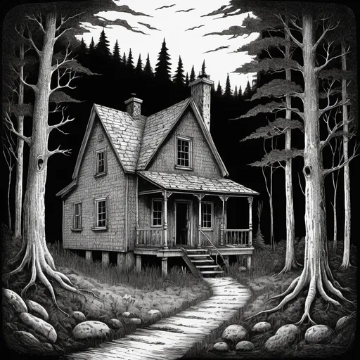 Prompt: Edward Gorey style illustration of small forest hunting cabin with eerie and mysterious atmosphere, vintage New Hampshire setting, gothic vibe, black and white, pen and ink, detailed linework, macabre storytelling, highly detailed, vintage, eerie atmosphere