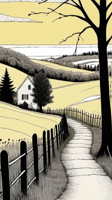 Prompt: Edward Gorey style new england landscape. black and white lines on light yellow background