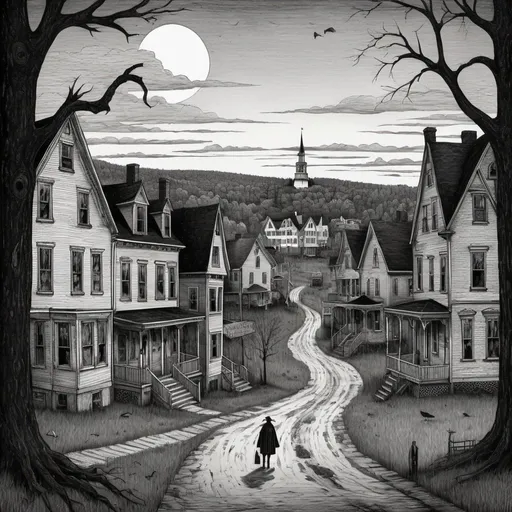 Prompt: Edward Gorey style illustration of Littleton, NH with eerie and mysterious atmosphere, overcast sky, vintage New Hampshire setting, gothic vibe, black and white, pen and ink, detailed linework, macabre storytelling, highly detailed, highres, vintage, eerie atmosphere, with sparse townspeople 
