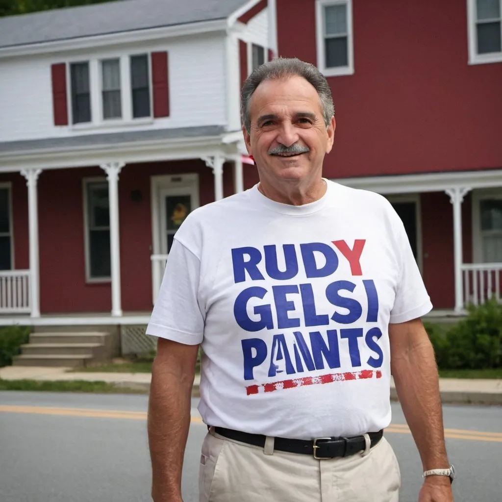 Prompt: Political poster for local candidate "Rudy Gelsi", wearing swishy pants and a spray painted tee shirt. He is a candidate for a small New England town government 