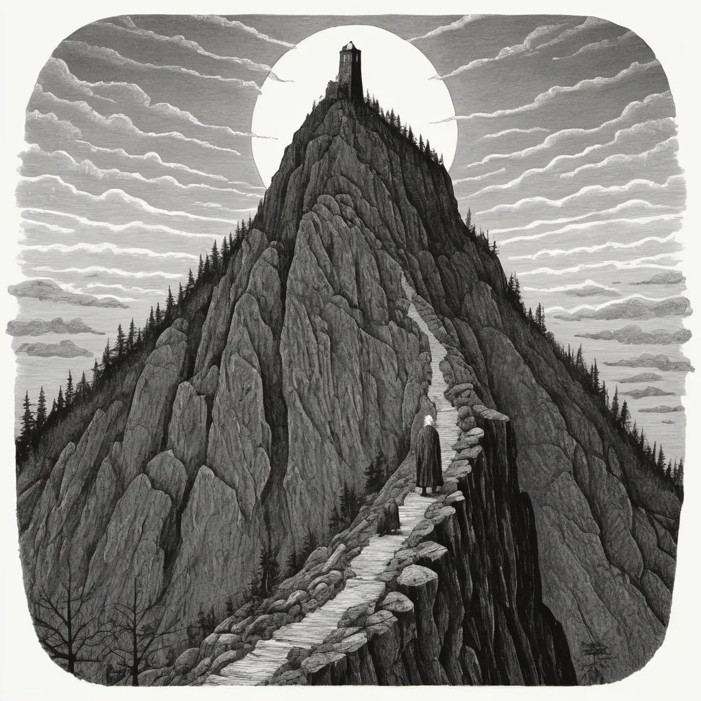 Prompt: Edward Gorey style illustration of The Old Man of the Mountain  with eerie and mysterious atmosphere, vintage New Hampshire setting, gothic vibe, black and white, pen and ink, detailed linework, macabre storytelling, highly detailed, vintage, eerie atmosphere