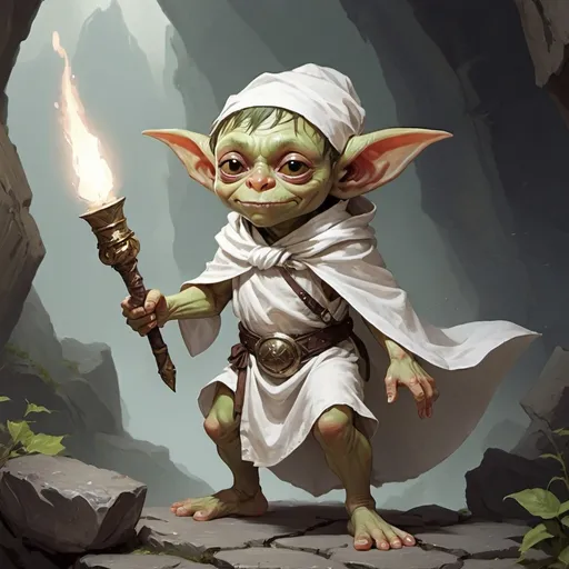 Prompt: dnd young sorcerer goblin with a white toga