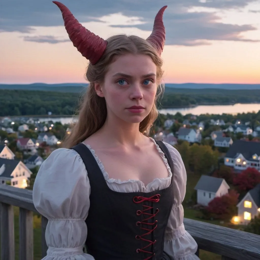 Prompt: Pollyanna, as a demon with glowing eyes, overlooking a small new England town