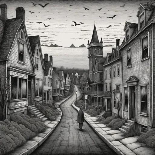 Prompt: Edward Gorey style illustration of the town, intricate crosshatching, eerie and mysterious atmosphere, overcast sky, vintage New Hampshire setting, gothic vibe, black and white, pen and ink, detailed linework, macabre storytelling, highly detailed, highres, vintage, eerie atmosphere, with townspeople 