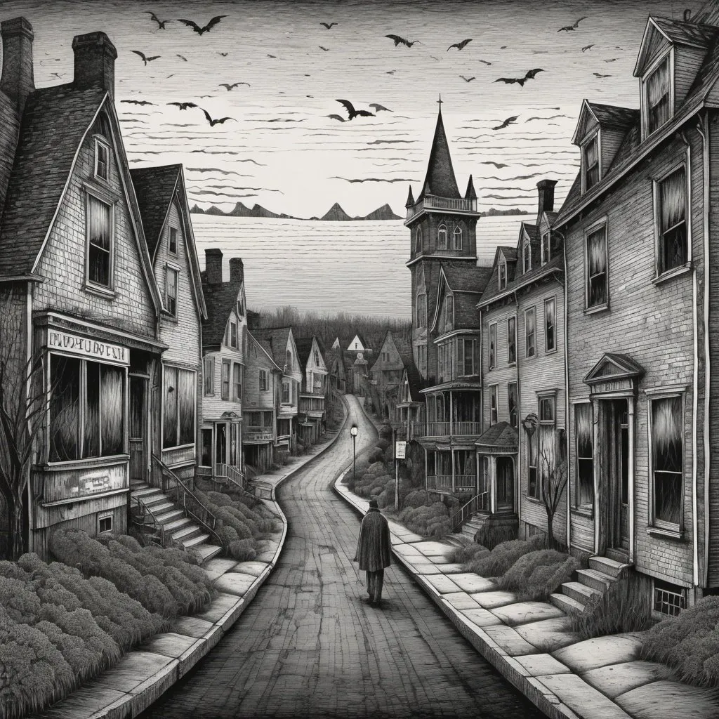 Edward Gorey style illustration of the town, intrica...