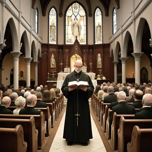 Prompt: edward gorey style catholic priest doing mass, in a packed church. slighly steampunk