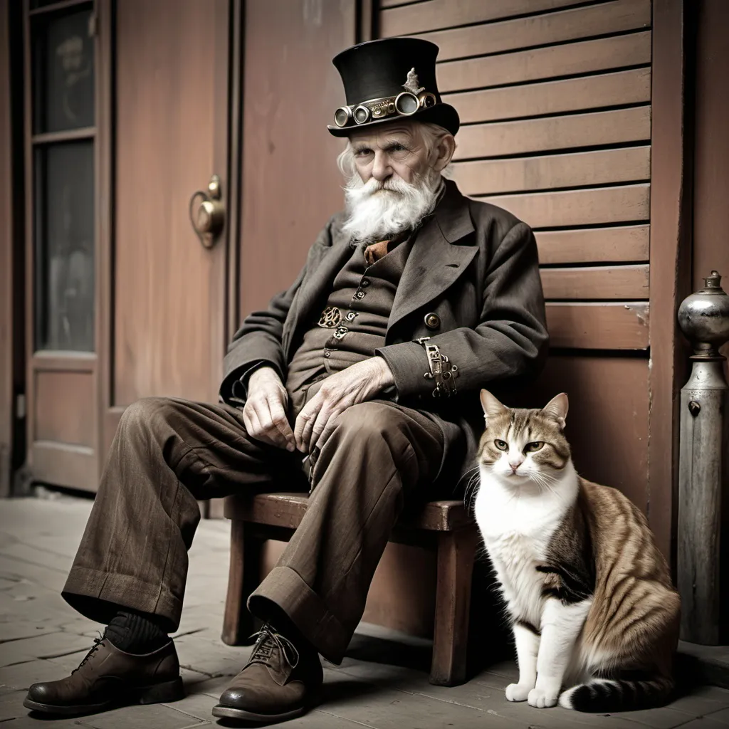 Prompt: Old man sitting with cat. Photograph. Slightly steampunk