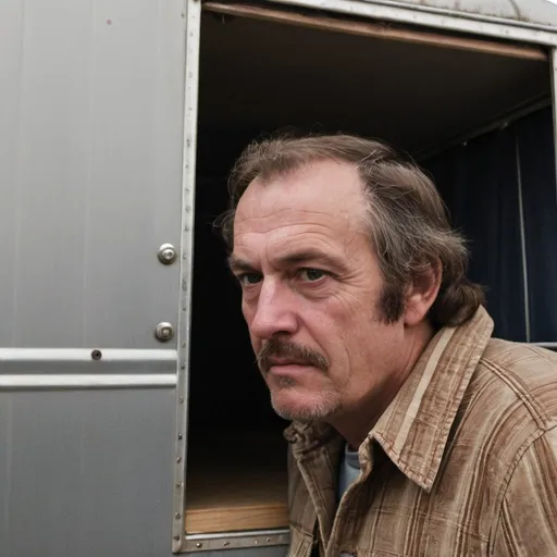 Prompt: Close up profile photo of 1970s conspiracy theorist hiding out in a trailer in Nebraska