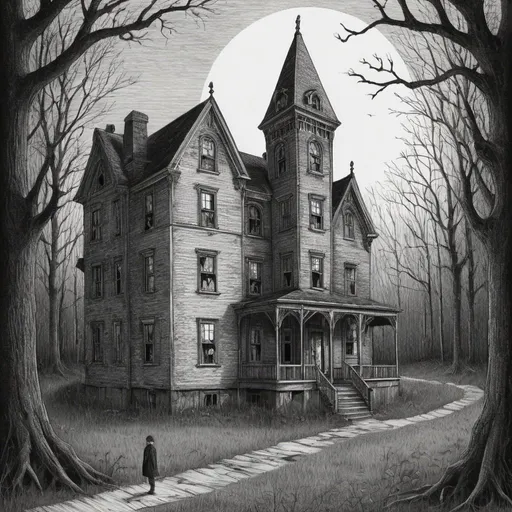 Prompt: Edward Gorey style illustrations of eerie and mysterious atmosphere, vintage New Hampshire setting, gothic vibe, black and white, pen and ink, detailed linework, macabre storytelling, highly detailed, vintage, eerie atmosphere