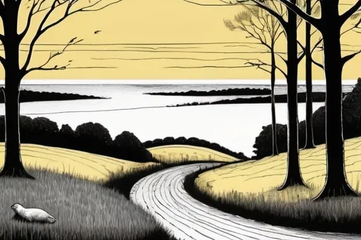 Prompt: Edward Gorey style new england landscape. black and white lines on light yellow background