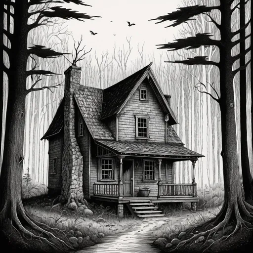 Prompt: Edward Gorey style illustration of small forest hunting cabin with eerie and mysterious atmosphere, vintage New Hampshire setting, gothic vibe, black and white, pen and ink, detailed linework, macabre storytelling, highly detailed, vintage, eerie atmosphere