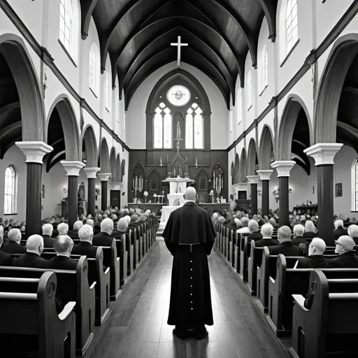 Prompt: edward gorey style catholic priest doing mass, in a packed church. slighly steampunk. black and white palette