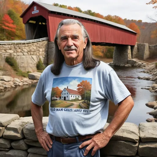 Prompt: Political poster for local candidate old man Rudy Gelsi with long dark hair, spray painted tee shirt, athletic pants, small New England town, covered bridge, stone wall, traditional painting, high quality, realistic, political, rural, detailed clothing, old brick mill, warm natural lighting