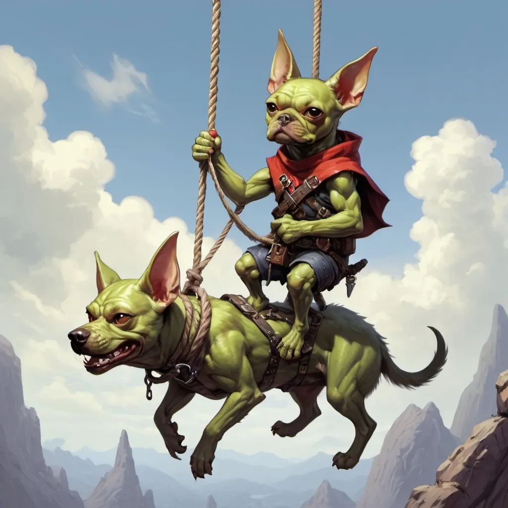 Prompt: dnd dog on a rope held by a goblin
