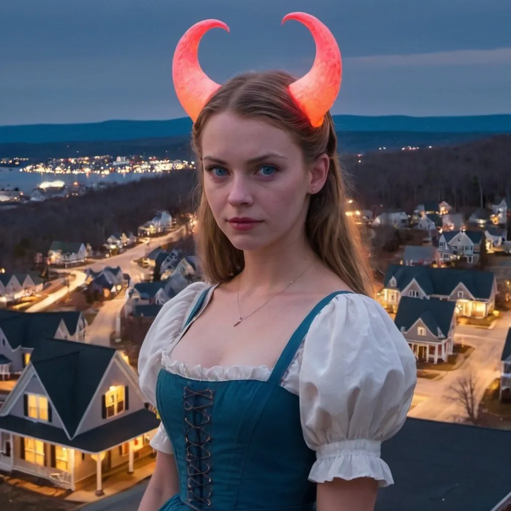 Prompt: Pollyanna, as a demon with glowing eyes, overlooking a small new England town