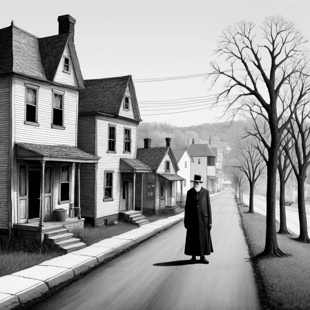 Prompt: Small town scene in style of Edward Gorey, with one elderly poor person. Inspired by Romaine Tenney from Vermont. Macabre, eerie setting. Black and white.