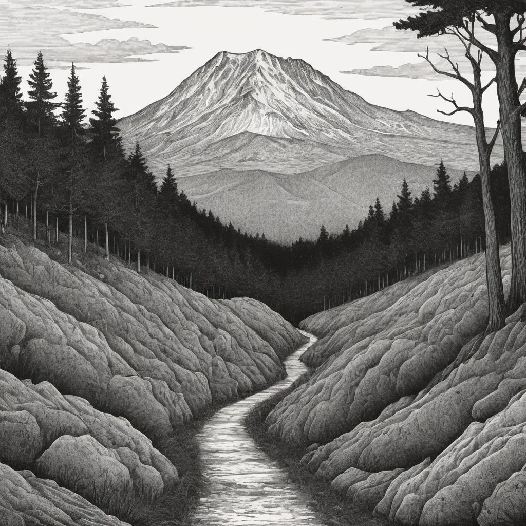 Prompt: Edward Gorey style illustration of Mount Washington with eerie and mysterious atmosphere, vintage New Hampshire setting, gothic vibe, black and white, pen and ink, detailed linework, macabre storytelling, highly detailed, vintage, eerie atmosphere