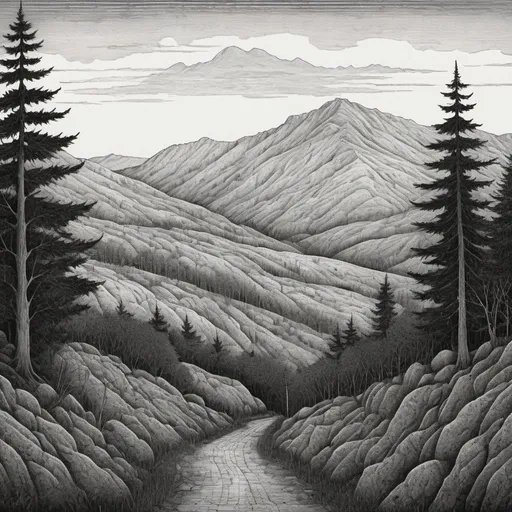 Prompt: Edward Gorey style illustration of the White Mountains, intricate crosshatching, eerie and mysterious atmosphere, overcast sky, vintage New Hampshire setting, gothic vibe, black and white, pen and ink, detailed linework, macabre storytelling, highly detailed, highres, vintage, eerie atmosphere, intricate details, atmospheric shading