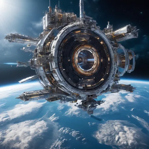 Prompt: vast space station orbiting Earth with a colossal cylindrical spaceship under construction. The spaceship’s surface glimmers with metallic panels and glowing blue energy conduits, while robotic arms and futuristic machinery assemble it piece by piece. Engineers in advanced exosuits and augmented reality visors walk across the platform, coordinating the work. The Earth below is breathtaking, with vibrant clouds, visible continents, and dynamic auroras dancing at the poles. The background reveals a star-filled sky with distant galaxies and nebulas glowing faintly. As the camera pans, the scale of the construction becomes apparent, with shuttles and drones moving around the station. The scene transitions from a serene, wide-angle view of the Earth and station to a close-up of intricate assembly details, emphasizing the grandeur and sophistication of the setting.