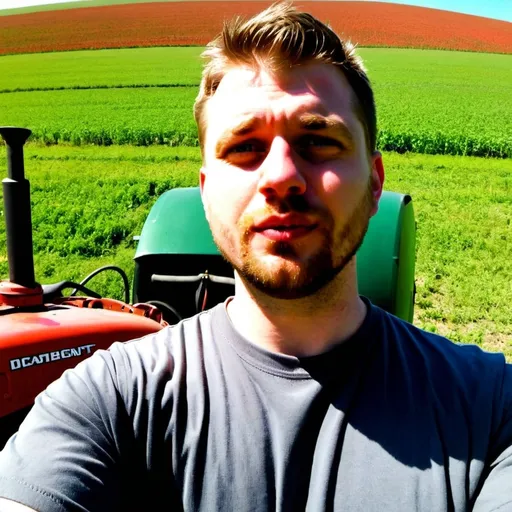 Prompt: my face in a colored field environment next to a big tractor, doing labor
