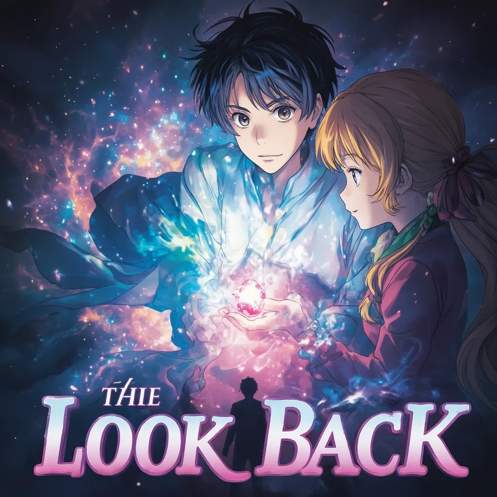 Prompt: poster of an anime with a boy and a girl holding a magical stone name of anime"the look back