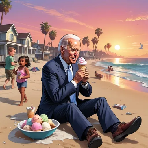 Prompt: GTA V cover art, joe biden falling asleep eating ice cream sniffing kids head on the beach at sunset, cartoon illustration