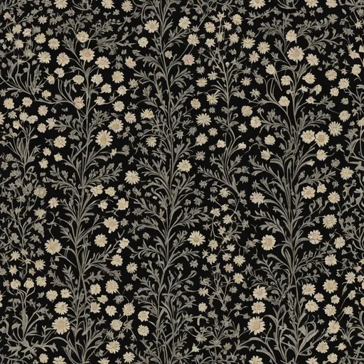 Prompt: black millefleur pattern similar to that in the background of late medieval tapestries with many different small flowers and plants, the plants should fill the field without connecting or significantly overlapping