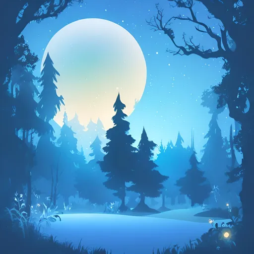 Prompt: An enchanted forest bathed in the soft, full circle moon light, vector style, visible moon color blue sky