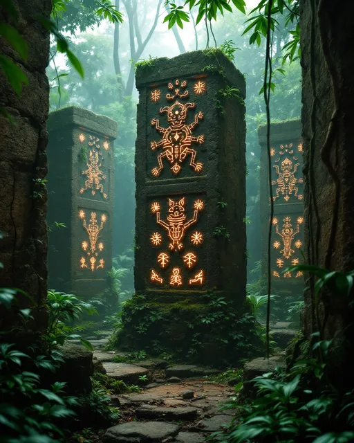 Prompt: As the explorer ventures further, he stumbles upon ancient stone pillars, half-buried in the earth, covered in cryptic carvings of creatures he does not recognize. The symbols glow faintly when touched, as if awakening from centuries of slumber. A whispering wind stirs the jungle, and for the first time, he feels eyes watching him—not just from the trees, but from the very stones themselves. The jungle is alive in ways beyond comprehension.