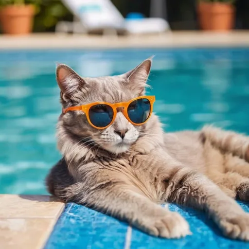 Prompt: A cat wearing sunglasses lounging by a swimming pool