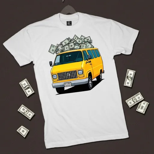 Prompt: t shirt that says ca$hmov3ment with money flowing out of the van