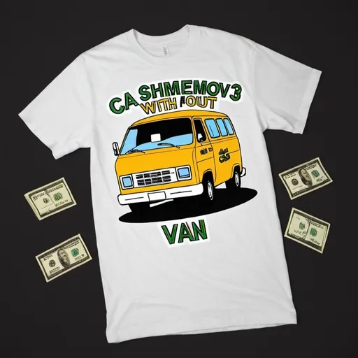 Prompt: t shirt that says ca$hmov3ment with money flowing out of the van