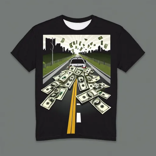 Prompt: cash movement on a highway Tshirt with money coming out of the back
