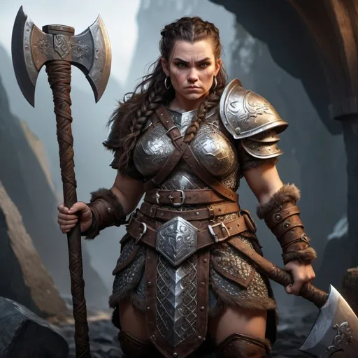 Prompt: (badass looking extra-large-sized female dwarf), dark brown hair braided on one side shaved on the other, fierce expression, holding a long large viking two-handed great axe, wearing detailed chainmail armor, (intense stance), rich metallic textures, (dramatic shadows), (highly detailed), crafted in a high-fantasy style, full length view of the character, (epic atmosphere), standing strong, cool tone atmosphere, fierce and confident vibe, impressive morning light highlighting details, (highly detailed, 4K) image quality, fantasy theme; use type of axe from the image.