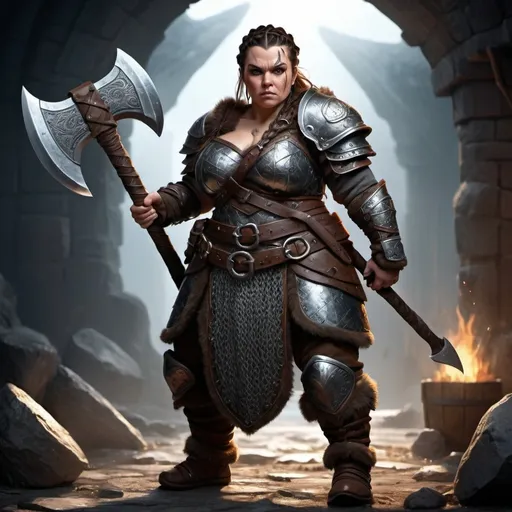 Prompt: (badass looking fat female dwarf), dark brown hair braided on one side, hair shaved on the other side, fierce expression, holding a long large viking two-handed great axe, wearing detailed chainmail armor, (intense stance), rich metallic textures, (dramatic shadows), (highly detailed), crafted in a high-fantasy style, full length view of the character, (epic atmosphere), standing strong, cool tone atmosphere, fierce and confident vibe, impressive morning light highlighting details, (highly detailed, 4K) image quality, fantasy theme; use type of axe from the image.