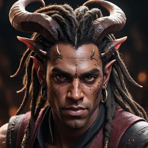 Prompt: (Black tiefling man with dreadlocks and curved horns), freckles, detailed facial features, sharp and intense expression, fantasy, dark and moody atmosphere, high contrast colors, intense lighting, intricate textures emphasizing the tiefling's unique skin tone and horn structure, dark fantasy background, magical elements, ultra-detailed, 4K, artstation trending, digital rendering