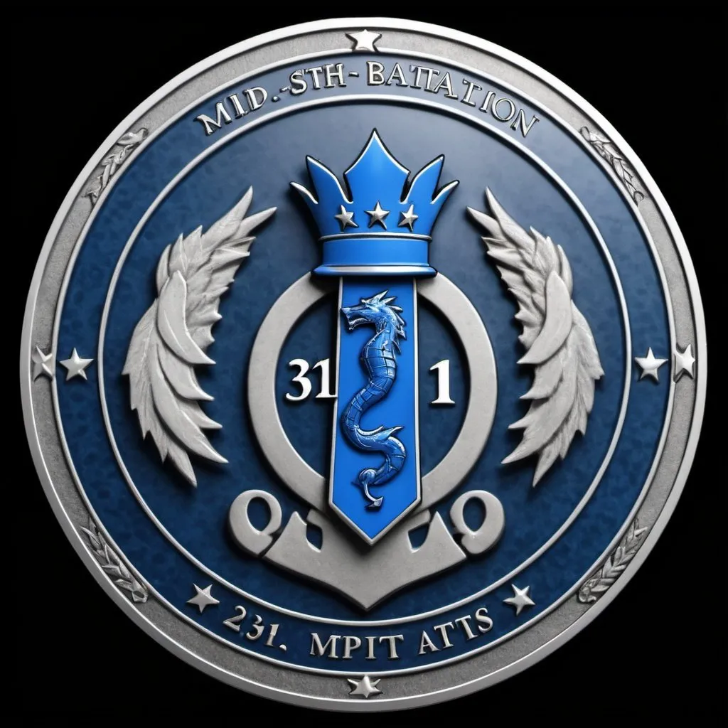 Prompt: Coin design for the 312th MI battalion. Oriental blue and silver, waves of the pacific. crossed lightning, electronic warfare, torch, and the motto semper veritas. Chess piece knight