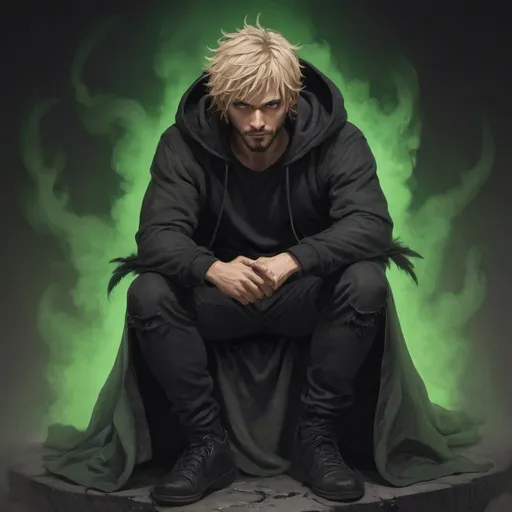 Prompt: Anime style, Strong looking, Human character, magical, otherworldly, wraith, crow, shaggy/messy dirty blonde hair, short beard and goatee, black hoodie, clothing made of black feathers, black pants, sitting on a throne in the underworld, sinister smug smile, surrounded by green and black smoke